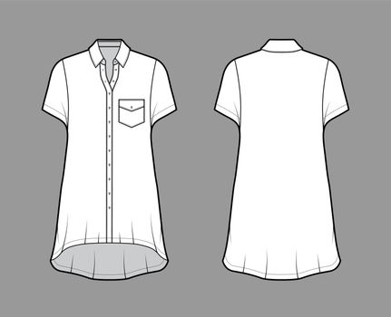 Oversized shirt dress technical fashion illustration with angled pocket, short sleeves, regular collar, high-low hem.