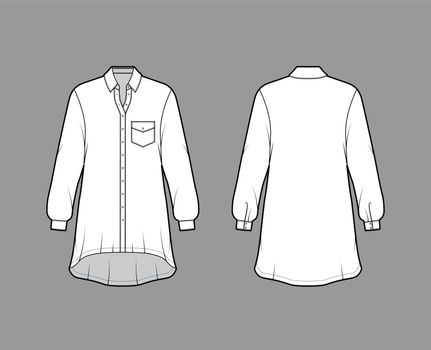Oversized shirt dress technical fashion illustration with angled pocket, long sleeves, regular collar, high-low hem.