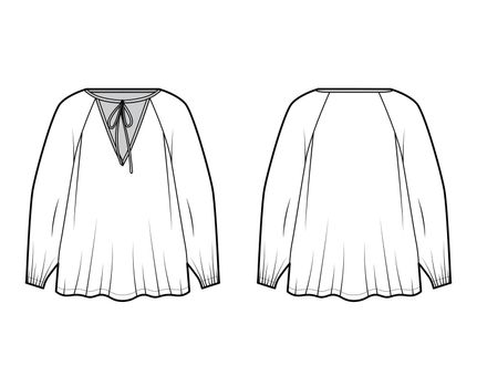 Tie-detailed neckline blouse technical fashion illustration with long raglan sleeves, oversized, elongated flare hem
