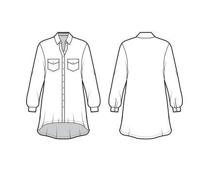 Oversized shirt dress technical fashion illustration with angled pockets, long sleeves, regular collar, high-low hem.