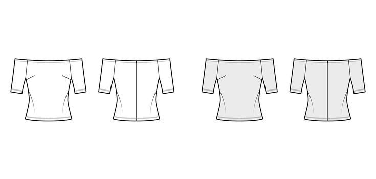 Off-the-shoulder top technical fashion illustration with close fit, short sleeves, concealed zip fastening along back.
