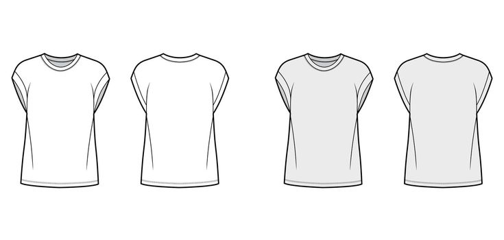Boyfriend cotton-jersey T-shirt technical fashion illustration with classic crew neckline, short cap sleeves, oversized