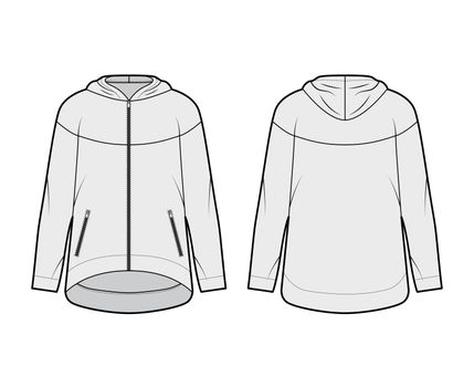 Zip-up oversized cotton-fleece hoodie technical fashion illustration with zipper pockets, relaxed fit, long sleeves