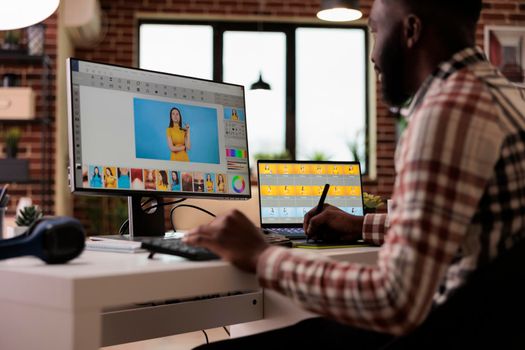 Content creator editing picture with retoucher software