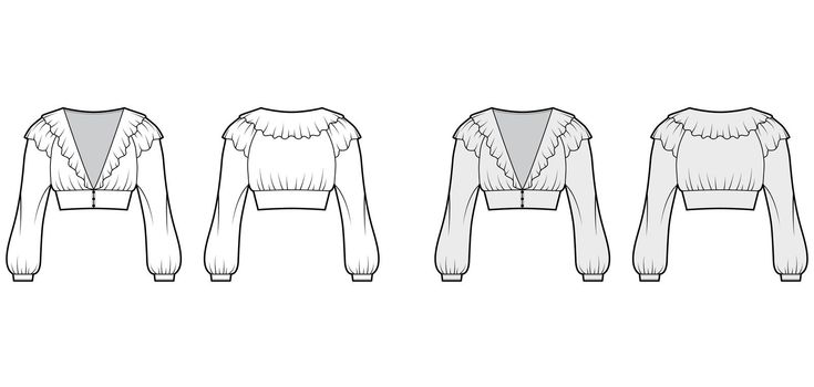 Ruffled cropped blouse technical fashion illustration with long bishop sleeves, puffed shoulders, front button fastenings. Flat top template front, back white grey color. Women men unisex shirt CAD