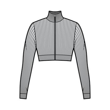 Zip-up cropped turtleneck ribbed-knit sweater technical fashion illustration with long sleeves, close-fitting shape.