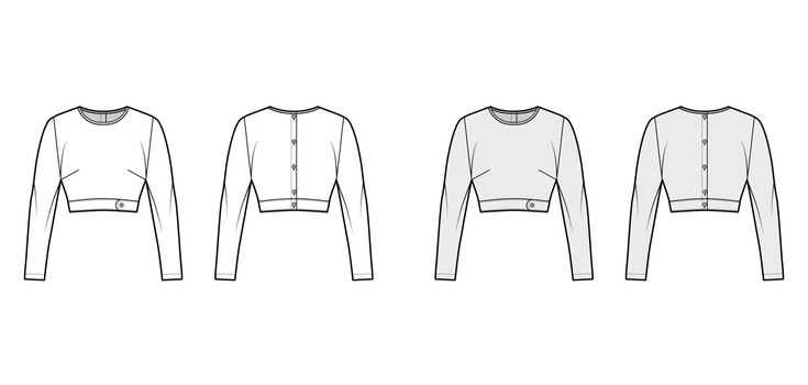 Under bust crop top technical fashion illustration with slim fit, crew neckline, back button fastenings, long sleeves.