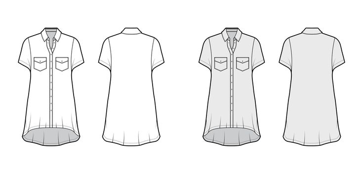 Oversized shirt dress technical fashion illustration with angled pockets, short sleeves, regular collar, high-low hem.