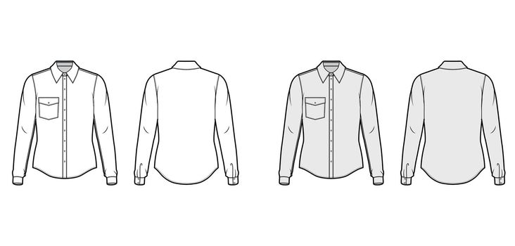 Classic shirt technical fashion illustration with long sleeves with cuff, front button-fastening, angled flap pocket