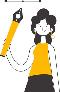 The girl designer holds a pen tool for 2D graphics in her hand. Linear trendy style. Isolated. Vector illustration.