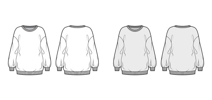 Cotton-terry slouchy oversized sweatshirt technical fashion illustration with relaxed fit, crew neckline, long sleeves
