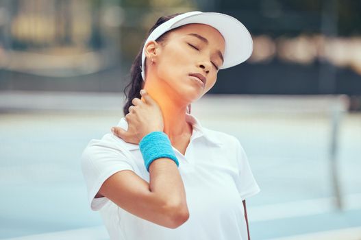 Girl with neck pain after tennis game, muscle injury after sports training on court and emergency health insurance accident after sport. Professional athlete with medical condition after exercise