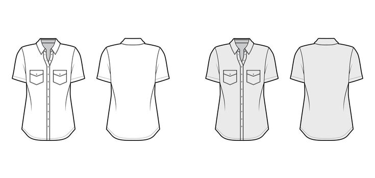Classic shirt technical fashion illustration with angled pockets, short sleeves, relax fit, front button-fastening