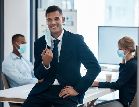 Businessman with covid face mask at end of pandemic, happy with compliance and regulations at work office and in a meeting. Portrait of manager in suit with smile with team and teamwork at company