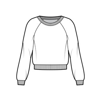 Cotton-terry sweatshirt technical fashion illustration with relaxed fit, scoop neckline, long raglan sleeves, ribbed trims. Flat outwear jumper apparel template front white color. Women men unisex top