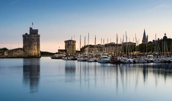 View of the old port of the French city of La Rochelle at sunset.