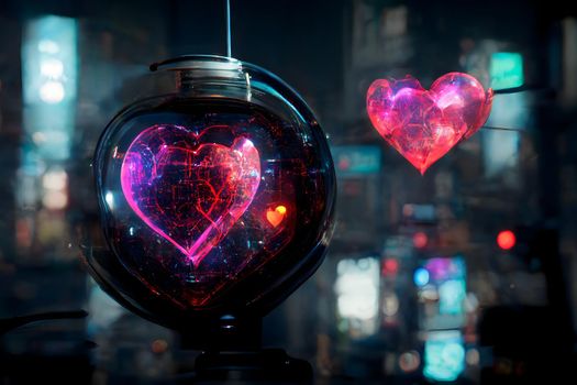 cyberpunk neon high-tech heart in night city environment, neural network generated art painting