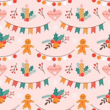 Cute Christmas vector pattern with festive symbols on pink background