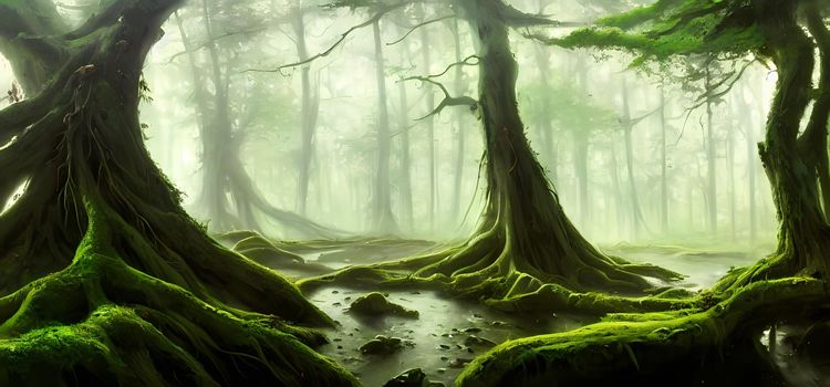 Green moss on tree stomp roots in a forest. Digital art painting for background wallpaper, concept art.