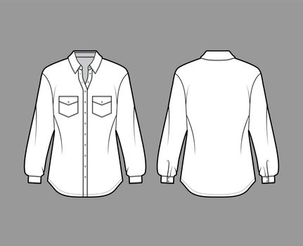 Classic shirt technical fashion illustration with angled pockets, long sleeves, relax fit, front button-fastening