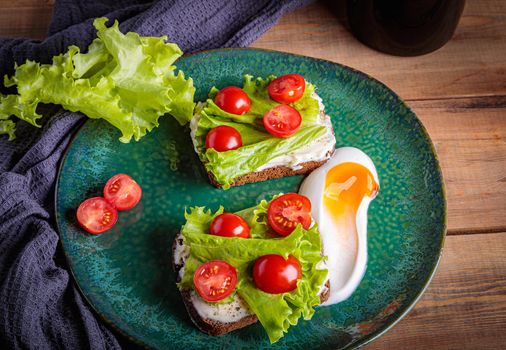 Black bread sandwich with melted cheese salad and tomatoes on a green plate