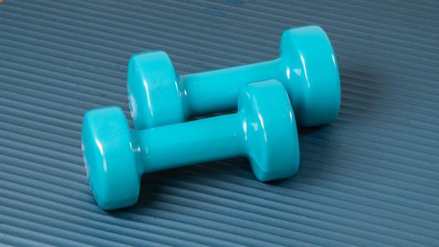 Two blue dumbbells on the workout mat - sports background