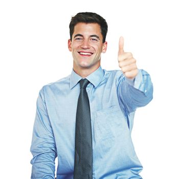 Positivity is a great sign. Studio portrait of a young businessman showing thumbs up against a white background.