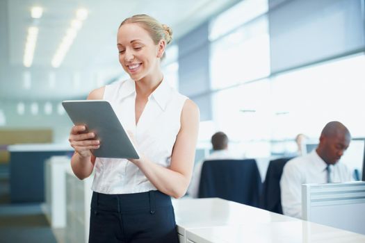Business woman using electronic PC. Beautiful business woman using tablet PC with colleagues in background.