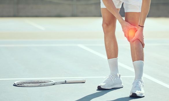 Tennis athlete legs with knee pain, injury or inflammation from sports fitness training exercise accident at tennis court. Competitive man or person with medical emergency of joint and muscle bruise