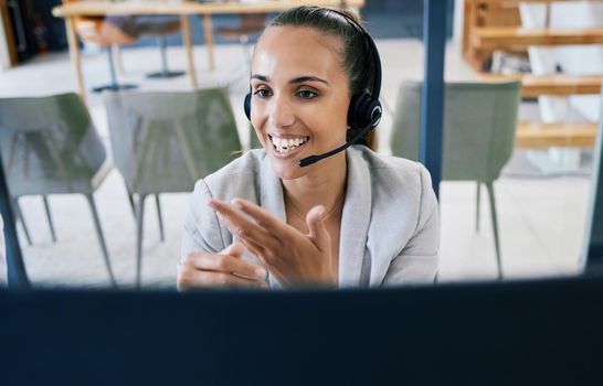 Call center worker consulting on consultation online on computer, woman working in crm for telemarketing company and customer service support on internet. Happy, smile and startup consultant at work