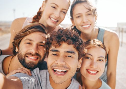 Selfie, fitness and group of friends happy and excited to start a workout, exercise and training together as a team. Summer, smile and portrait of smiling men with woman living a healthy lifestyle
