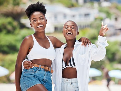 Friends or lesbian couple on summer holiday and gen z trendy fashion at outdoor retreat, getaway or vacation. Happy portrait of black women or lgbtq people having fun in the sun with peace or v sign