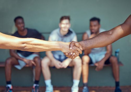 Handshake, competition and men shaking hands to welcome, congratulations or say good luck before a sports game or match start. Respect, etiquette and closeup hands of players greeting or thank you