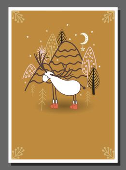 Poster for a children's room in northern style. Scandinavian winter forest. Fairy forest. Deer.Christmas