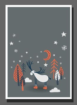 Poster for a children's room in northern style. Scandinavian winter forest. Fairy forest. Deer.Christmas