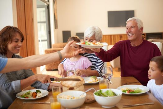 Food is an expression of love. a multi generational family having a meal together around a dining table.