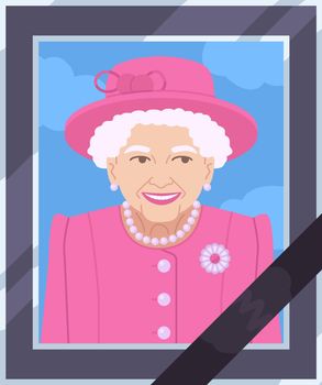 Queen Elizabeth II portrait in pink costume with hat photo frame with black ribbon. In memory of monarch concept. Britain s queen pass away tribute.