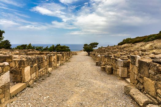 Ancient city of Kameiros on the Greek island of Rhodes in Dodekanisos archipelago. Ancient Kamiros, archaeological site. Archaeological site ancient Kamiros in Rhodes island at Greece. 