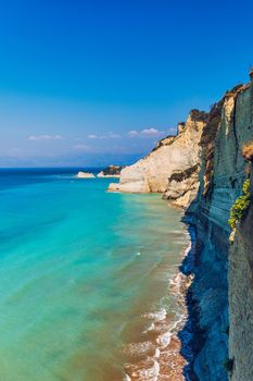 Beautiful view of Cape Drastis in the island of Corfu in Greece. Cape Drastis, the impressive formations of the ground, rocks and the blue waters panorama, Cape Drastis, Corfu, Greece, Ionian Islands.