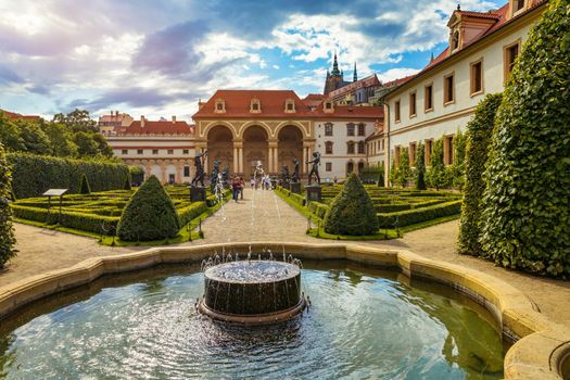 Waldstein palace garden (Valdstejnska Zahrada) and building of the Senate of Czech Republic in Prague. Wallenstein Palace Gardens, Prague, Czech Republic, Europe