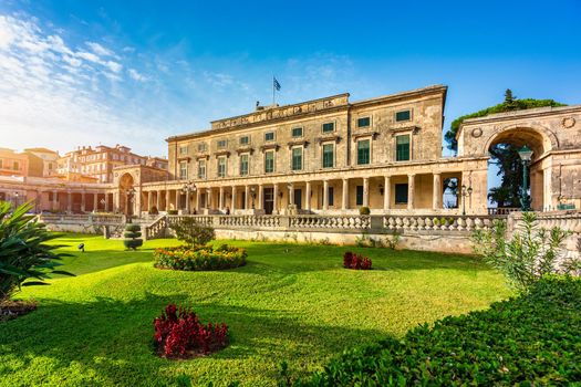 Museum of Asian Art. Colorful morning cityscape of Corfu Town, capital of the Greek island of Corfu, Greece, Europe. View of Asian Art museum and the Palace of St. Michael and St. George in Corfu.