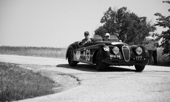 JAGUAR XK120 OTS ROADSTER 1950 on an old racing car in rally Mille Miglia 2022 the famous italian historical race (1927-1957