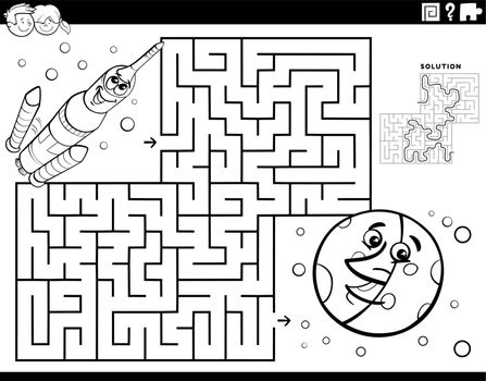 maze with space rocket and moon coloring page