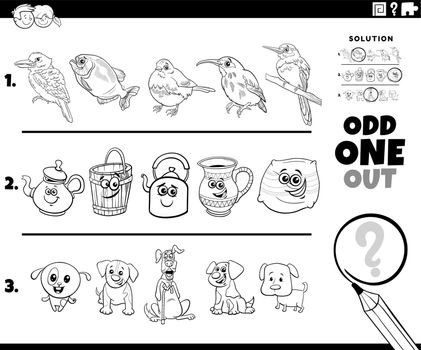 odd one out puzzle with cartoon characters coloring page