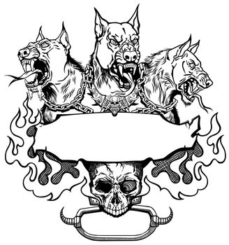Cerberus hound of Hades, human skull and fire flames. Black and white template