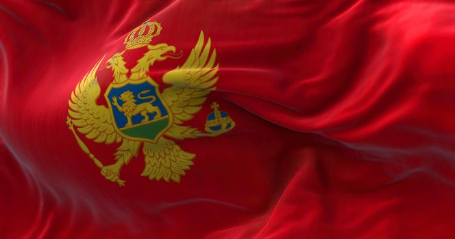 Close-up view of the Montenegro national flag waving in the wind