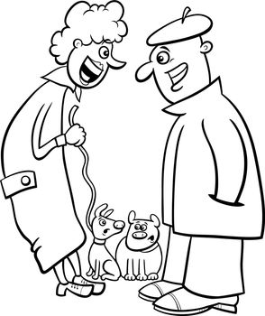 Black and white cartoon illustration of two dog owners chatting while walking with their pets coloring page