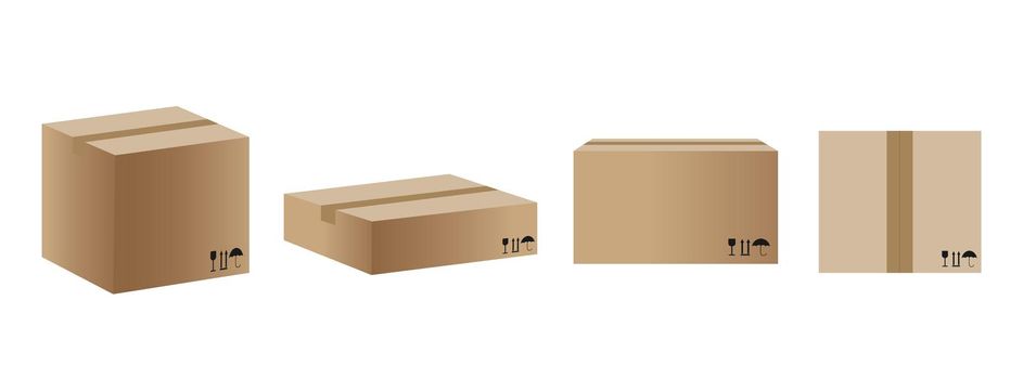 Set of cardboard shipping containers or mailboxes.Realistic mockup vector illustration.Collection of shipping parcel packaging templates.