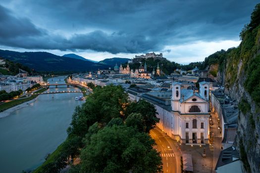 Beautiful view of the historic city of Salzburg with Festung Hohensalzburg in summer, Salzburger Land, Austria. Panoramic summer cityscape of Salzburg, Old City, birthplace of famed composer Mozart. 