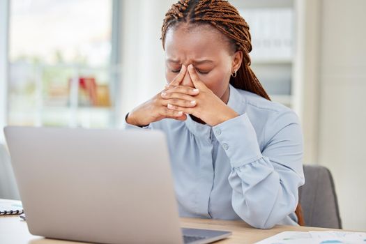 Black woman, headache and working at desk with pain and tension in head with glitch mistake on pc. Corporate girl with stress, fatigue and frustrated feelings after receiving bad news.